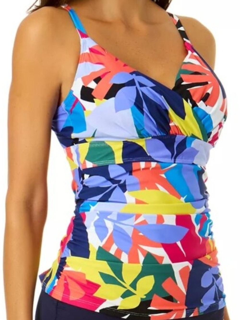 Anne Cole Multicolor Floral Tankini Top in Navy, Coral, Yellow, Blue - Picture 4 of 12